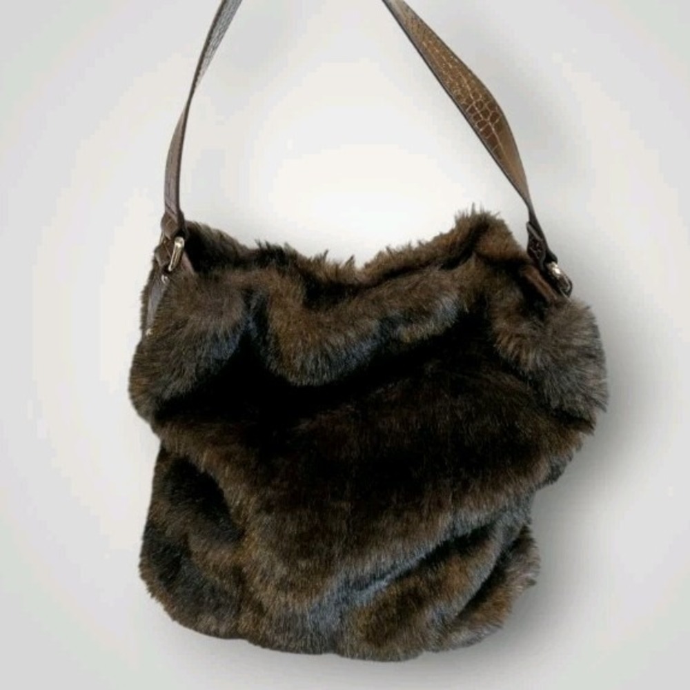 Bath & Body Works Purse Faux Fur Shoulder Bag Oversized Brown Y2K Style Hobo Vtg